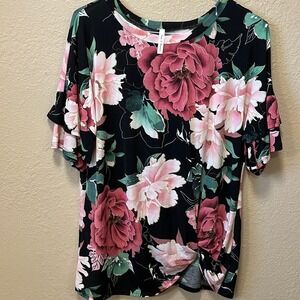 Womens Black Floral Print‎ Tunic Top Short Sleeve Twisted Hem